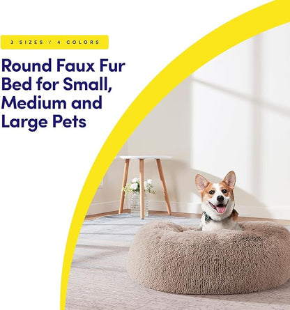 Dog & Cat Bed: Round Faux Fur Pet Bed - Plush, Cozy, & Calming Donut Bed for Large Pets - Soft & Comfortable Sleeping Cushion for Napping & Lounging, 30" Round, Taupe