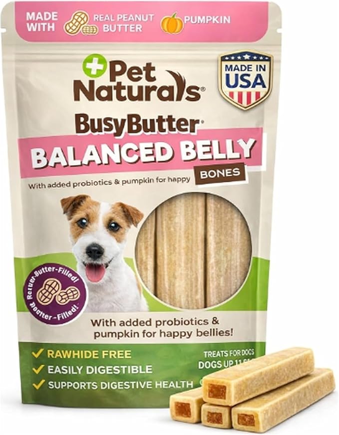 Pet Naturals BusyButter Balanced Belly Peanut Butter Bones, Rawhide-Free Chews for Small Dogs, Long Lasting Chew Bones, Probiotics and Pumpkin for Gut Health, 22 Count