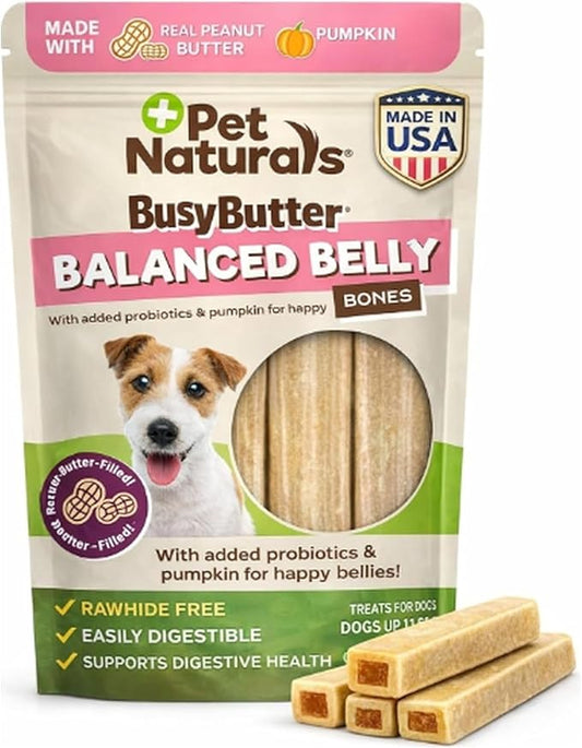 Pet Naturals BusyButter Balanced Belly Peanut Butter Bones, Rawhide-Free Chews for Small Dogs, Long Lasting Chew Bones, Probiotics and Pumpkin for Gut Health, 22 Count