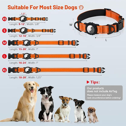 Taglory AirTag Dog Collar with Waterproof Holder for Large Dogs, Orange, L | Reflective for Night Walks & Low-Light Safety, Track Your Pup Peace of Mind, Adjustable Soft Padded, No More Dangling Tags