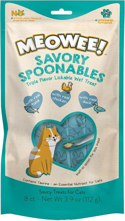 MEOWEE! Savory Spoonables with Real Tuna, Chicken & Duck, 8 Count Tube, Triple Flavor Squeezable Lickable Wet Treats for Cats with Built-in Spoon for Less Mess