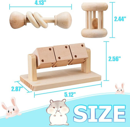 AOWPFVV 3 Pcs Wooden Hamster Enrichment Toys, Guinea Pig Chew Toys for Syrian & Dwarf Hamsters,Rabbits, Gerbils, Rats, Chinchillas, Small Animals Playing Teeth Grinding Indoor Outdoor