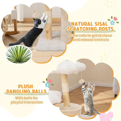 PETSITE 32 Inch Wood Cat Tree, Multi-Level Small Cute Cat Tree with Sisal Scratching Posts, Cat Condo, Soft Long Plush Covered Perches, and Dangling Balls