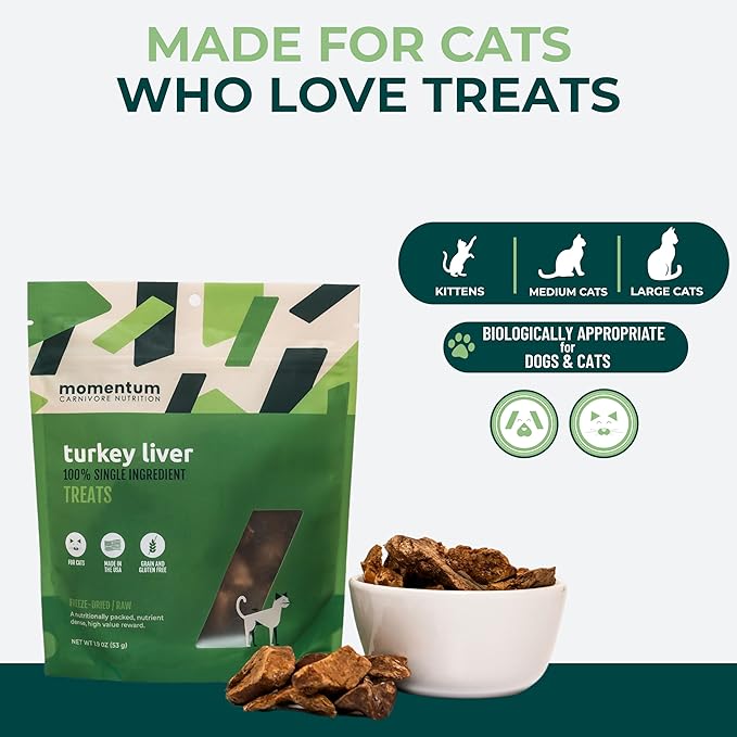 Momentum Carnivore Nutrition Freeze-Dried Turkey Liver Cat Treats – Single-Ingredient, High-Protein, All-Natural, Grain-Free, Naturally Flavorful & Lean – Made in USA – 1.9 oz Bag