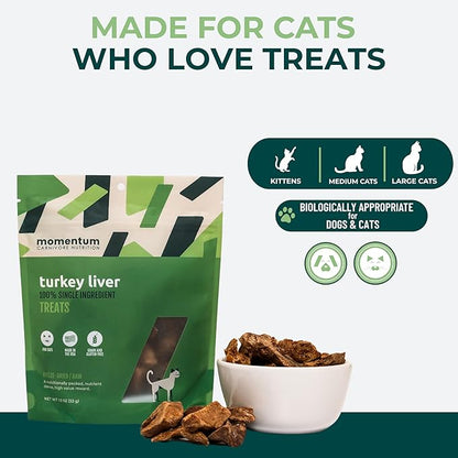 Momentum Carnivore Nutrition Freeze-Dried Turkey Liver Cat Treats – Single-Ingredient, High-Protein, All-Natural, Grain-Free, Naturally Flavorful & Lean – Made in USA – 1.9 oz Bag