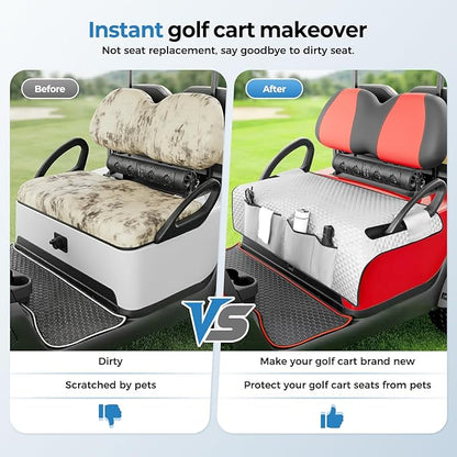 Tecoom Golf Cart Seat Covers, Universal Golf Cart Seat Towel Blanket with Armrest Strap 4 Pockets Non-Slip Bottom, Fits Club Car, EZGO, Yamaha, and More Front Seats, Protect Seats from Pet-Scratch Sun
