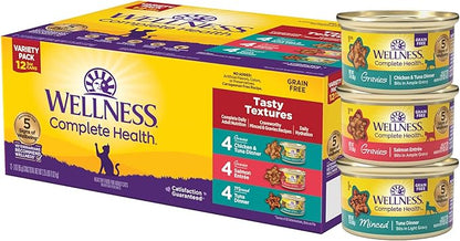 Wellness Complete Health Gravy and Minced Variety Pack Adult Canned Wet Cat Food, Natural, Protein Rich, Grain Free, Salmon, Tuna, and Chicken Recipes, 3 oz, Pack of 12 Cans