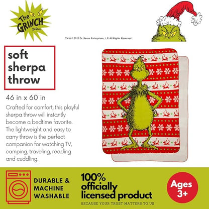 Dr. Seuss The Grinch Holiday Christmas Kids Bedding Soft Plush Cozy Sherpa Blanket Throw, 46 in x 60 in, (Officially Licensed Product) by Franco