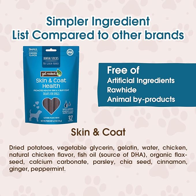Get Naked Grain Free 1 Pouch 6.6 Oz Skin & Coat Dental Chew Sticks, Large