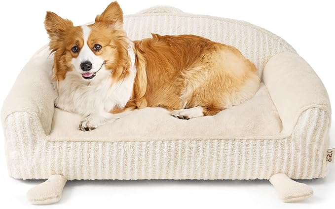 EHEYCIGA Washable Dog Beds for Large Dogs for Crate 35 Inch - Striped Cat Couch for Indoor Cats with Removable Cover, Shredded Memory Foam Waterproof Puppy Bed with Non - Slip Bottom, Cream