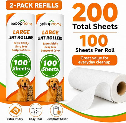 Large Lint Roller Refills, 9.44-Inch Wide, 200 Sheets | 2 Extra Sticky Replacement Rolls for Pet Hair, Refills Only