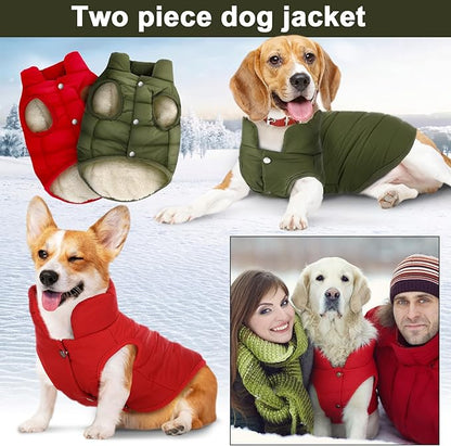Syhood 2 Pieces Dog Jacket 2 Layers Fleece Lined Dog Jacket Warm Soft Windproof Small Pet Coat for Cold Winter Weather (L,Red,Green)