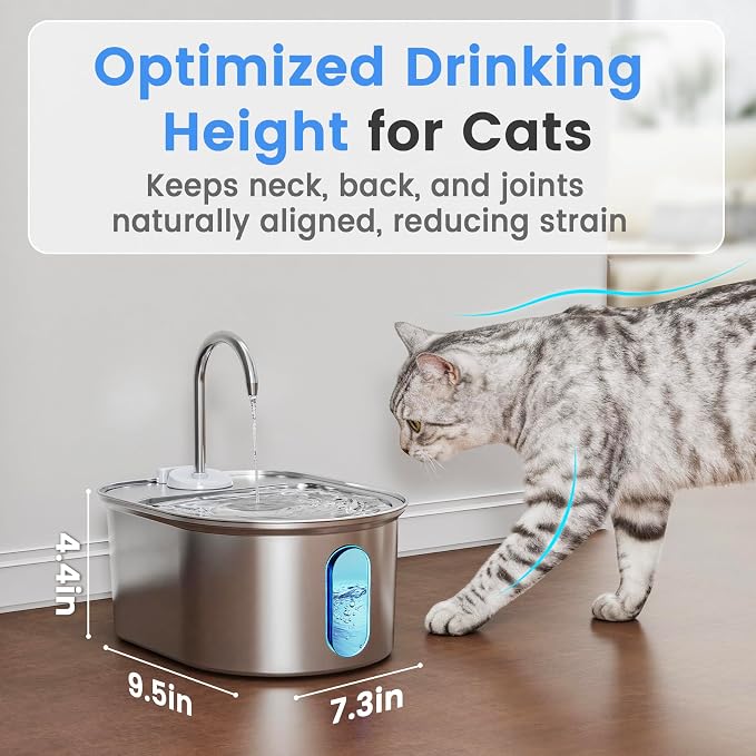 Stainless Steel Cat Water Fountain, 108oz/3.2L with 1 Filter | Auto Shut Off, Quiet Pump, Water Level Indicator, Dry-Run Protection, Large Oval Pet Water Dispenser for Cats and Dogs