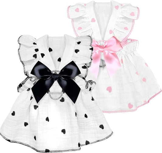 Dog Dresses for Small Dogs Girl Female Dog Cat Clothes Dress Cute Cotton Extra Summer Clothes Bow Decor Printed Love Birthday Outfit Puppy Clothes (Light Pink & Black, X-Small)