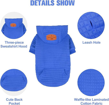 BEAUTYZOO Small Dog Hoodie Sweater with Pockets, Dog Clothes for Small Medium Dogs Boy Girl, Waffle-like Laminated Cotton Pet Coats with Hat and Leash Hole, All Weather Coat for Puppy Doggie Chihuahua