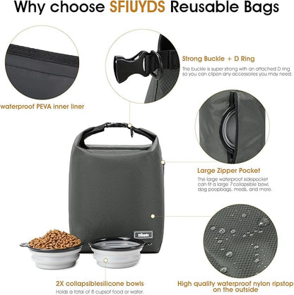 Travel Dog Food Container Pet Food Storage Bag Containers 2PCS Collapsible Travel Dog Bowls Waterproof Camping Storage Essentials Kibble Carrier 20L Easy to Clean (Grey, Small)
