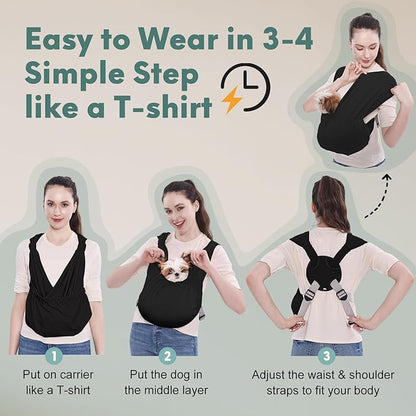 Supet Dog Sling Carrier for Small Pets, Hands Free Cat Sling, Reducing Back Neck Pain Anti-Anxiety Puppy Front, Adjustable Soft Dog Carrying (Black-2, Regular 0-9 Lbs)