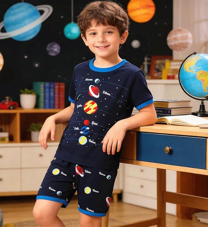 Popshion Boys Pajamas 100% Cotton Toddler Clothes Summer Pjs for Boy Planet Dinosaur Sleepwear Kids Short Sets 2-10 Years