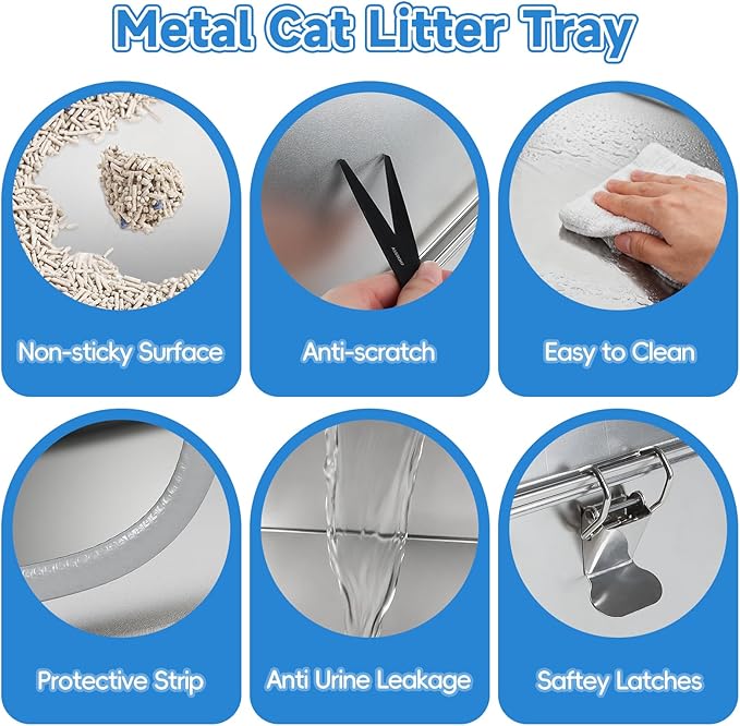 Stainless Steel Cat Litter Box, 23.6" L x 15.7" W x 11.8" H XXL Extra Large Semi Enclosed Removable Metal Litter Tray with High Sided Enclosure, Scoop, Non-Sticky, Easy Cleaning