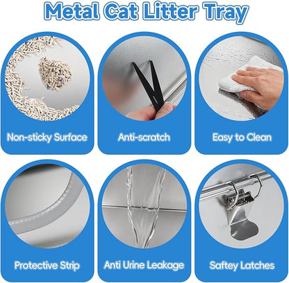 Stainless Steel Cat Litter Box, 23.6" L x 15.7" W x 11.8" H XXL Extra Large Semi Enclosed Removable Metal Litter Tray with High Sided Enclosure, Scoop, Non-Sticky, Easy Cleaning