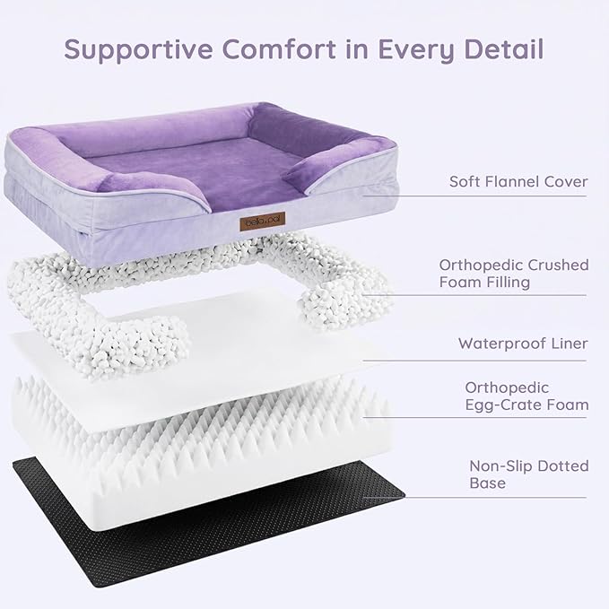 BELLA & PAL Orthopedic Dog Sofa Bed for Medium/Large Dogs – No Assembly Needed, Egg-Crate Foam Dog Couch with Waterproof Liner, Washable Removable Cover, Non-Slip, 28x23x6.5Inch, Purple