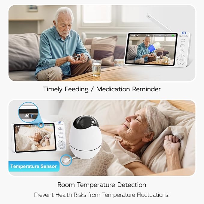 Elderly Monitor with Camera and Audio & Call Button, 2-Way Talk Room Monitors for Elderly, Med Reminder Temp Alert Baby Monitors for Elderly Care & Caregivers, PTZ Camera for Senior Monitoring/No WiFi