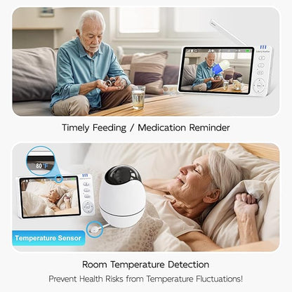 Elderly Monitor with Camera and Audio & Call Button, 2-Way Talk Room Monitors for Elderly, Med Reminder Temp Alert Baby Monitors for Elderly Care & Caregivers, PTZ Camera for Senior Monitoring/No WiFi