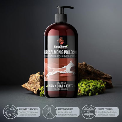 Best Paw Nutrition Wild Alaskan Salmon & Pollock Oil for Dogs & Cats - Fish Oil Liquid Pump with Omega 3 EPA DHA - Skin & Coat Supplement - Supports Joint Function & Wellness - 32 oz