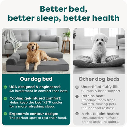 Furhaven Cooling Gel Dog Bed for Large Dogs w/ Removable Bolsters & Washable Cover, For Dogs Up to 95 lbs - Plush & Velvet L Shaped Chaise - Platinum Gray, Jumbo/XL