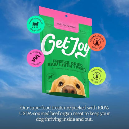Get Joy Freeze Dried Superfood 100% Beef Liver Dog Treats, 4 Ounce Bag (Pack of 3), Single Ingredient Organ Meat, High Protein, Vision, Skin & Coat Health, Grain Free, Gluten Free, Made in USA