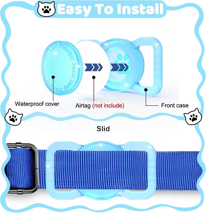 SANKALA Luminous Airtag Dog Collar Holder, Blue Glitter, 1 Pack | Glittery, Waterproof, Silicone Full Body Covered Anti-Lost Protective, Fits All Width Pet Collars, for Airtag 1st and 2nd