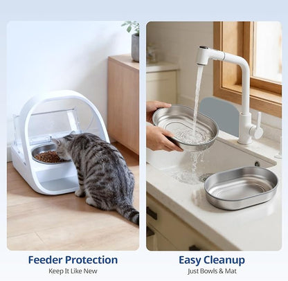 Stainless Steel Bowl & Mat Set for Automatic Microchip Cat Feeder, 2 SUS304 Bowls + 1 Mat, Sealing Ring, Keep Food Fresh, Easy to Clean