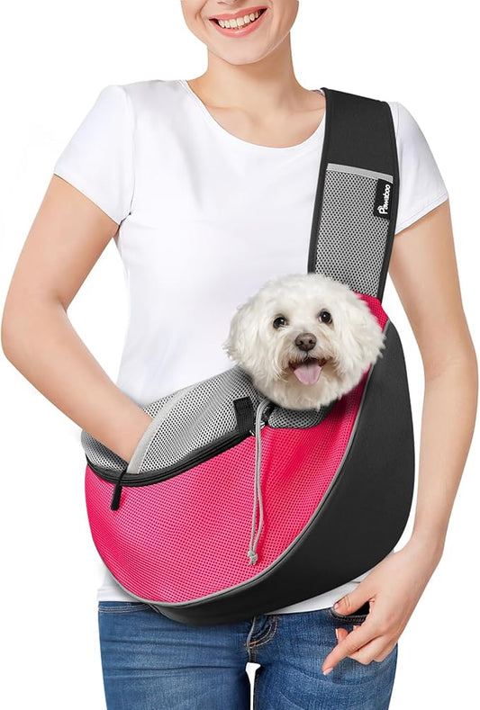 Pawaboo Pet Dog Sling Carrier, Hand Free Breathable Mesh Puppy Carrier, Dog Papoose with Zipper Touch Pocket and Adjustable Strap, Crossbody Satchel Dogs Purse for Outdoor, L, Pink