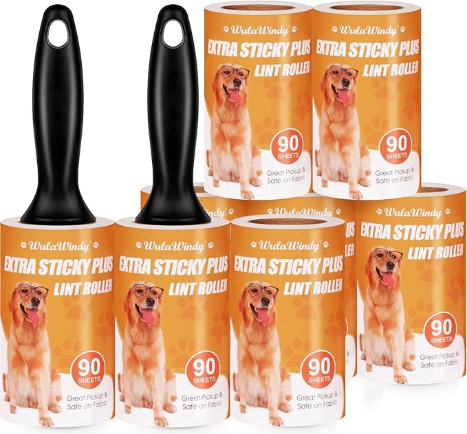WulaWindy Extra Sticky Lint Rollers for Pet Hair, 8 Rolls, 2 Handles | Extra-sticky lint rollers with 8 rolls and 2 reusable handles for pet hair, lint and dust on clothes, sofas and furniture.