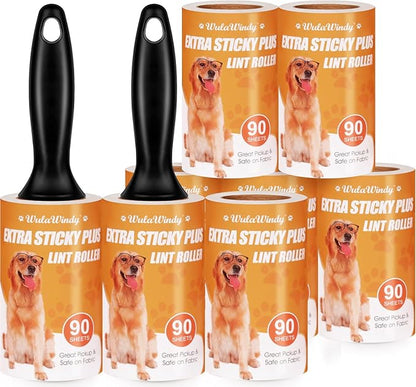 WulaWindy Extra Sticky Lint Rollers for Pet Hair, 8 Rolls, 2 Handles | Extra-sticky lint rollers with 8 rolls and 2 reusable handles for pet hair, lint and dust on clothes, sofas and furniture.