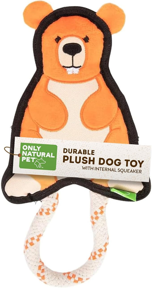 Only Natural Pet Mountain Friends Recycled Plush Dog Toys - Durable Double-Stitched Design with Internal Squeaker & Rope Tug Tail - Stuffed Toy for Dogs, Pet Toy | Beckham The Beaver, 5.5" x 11"