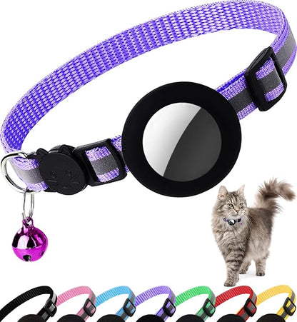 Airtag Cat Collar Breakaway, Cat Collar with Air Tag Holder(Purple) | Safety Breakaway Buckle, Reflective Strip, Lightweight, Bell, 0.4 Inches in Width, Adjustable Size to Fit Different Cats