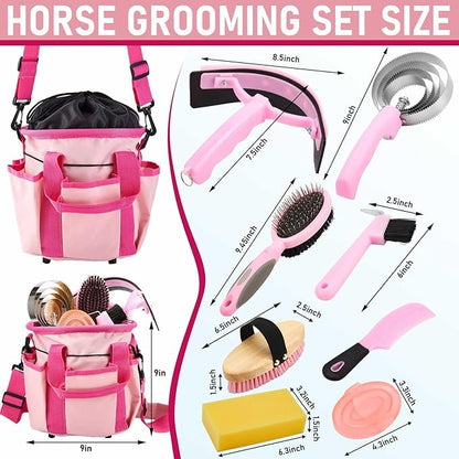 Cunhill 9 Pcs Horse Grooming Kit Tack Room Supplies Set with Tote Bag, Oval Massage Curry, Hard and Soft Brush, Hoof Pick, Sweat Scraper, Bathing Sponge, Comb for Horse Rider(Classic,Pink)