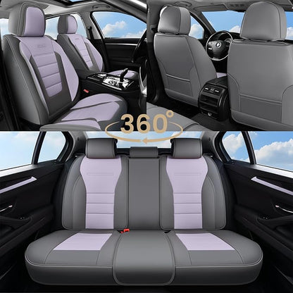 Coverado Car Seat Covers Full Set, Nappa Leather Seat Covers for Cars, Car Seat Protector Car Seat Cushion, Front and Back Seat Protectors Cushions Universal Fit for Most Cars Vehicles(Gray&Purple)