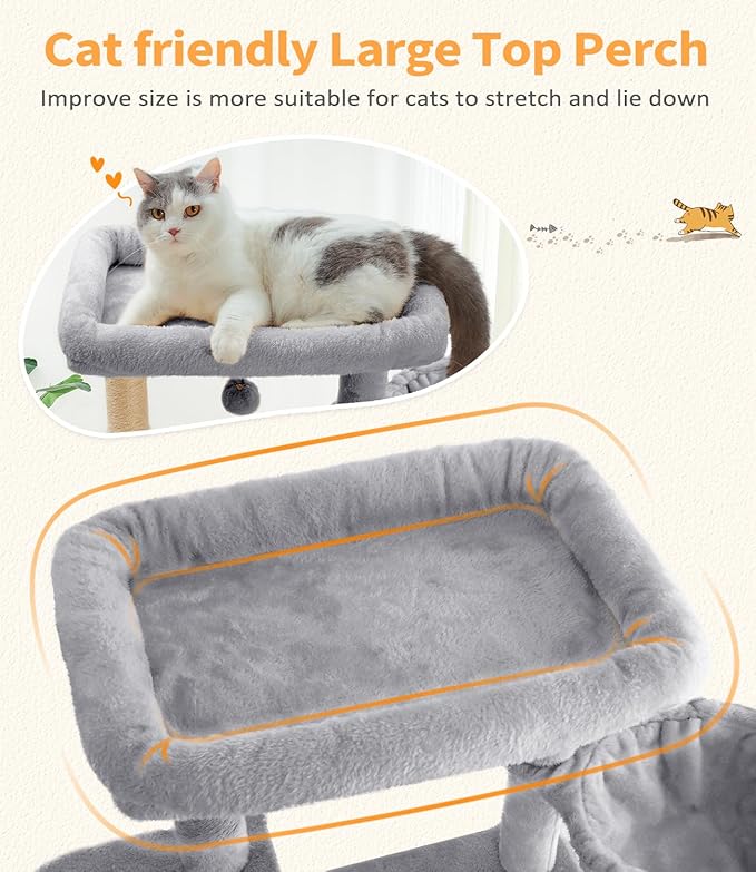 ABCPET Cat Tree Large Cat Tower Tree 68" Multi-Level Cat Tower for Indoor Cats with Sisal Scratching Posts, Widen Cat Perche, Square Hammock, 2 Widen Condos, Scratching Posts, Light Grey