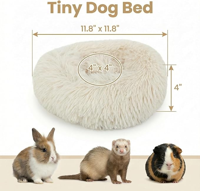 Tiny Dog Bed 11.8 Inch for Extra Small Dogs,Washable Puppy Bed,Soft Faux Fur Calming Donut Bed for Chihuahua Yorkie Maltese Pomeranian,Beige