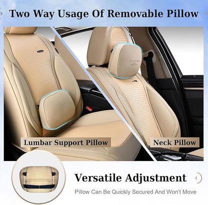 Coverado Car Seat Covers Full Set, Beige Seat Covers for Cars, Waterproof Nappa Leather Automotive Seat Covers with Lumbar Head Pillow, Car Seat Protectors, Universal Fit for Most Cars SUV