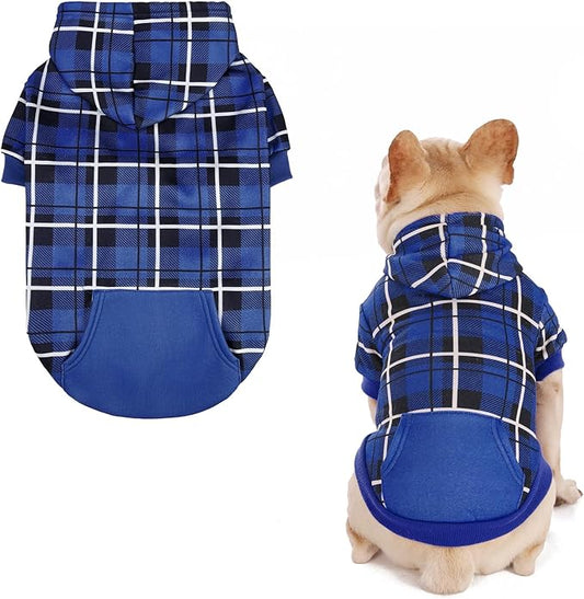 EXPAWLORER Plaid Dog Hoodie - British Style Warm Dog Sweater Shirt with Leash Hole,Pitbull Clothes Outfits,Winter Coat Apparel for All Breeds Puppy Girl Boy-Cat Apparel,Navy Blue Small