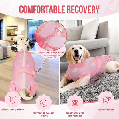 Lukovee Recovery Suit for Dogs, Zipper On Recovery Suit for Female Male Dog, Onesie Abdominal Wounds Cone E-Collar Alternative Prevent Licking Spay Recovery Suit (Pink, XXL)