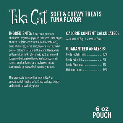 Tiki Cat Soft & Chewy Treats, Tuna Flavor, 3 Calories Per Treat with Grain-Free and No Added Gluten, 6 oz Pouch (Pack of 1)