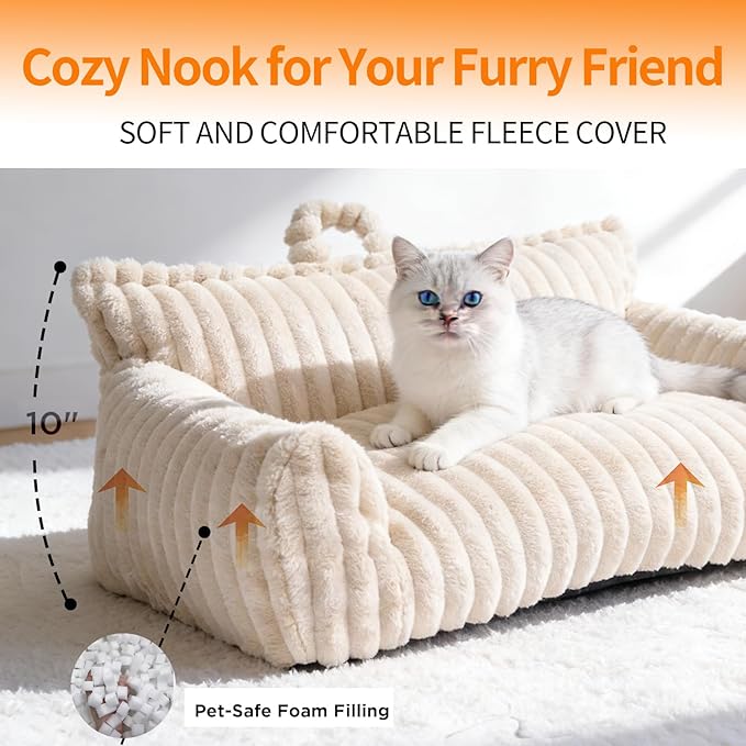 Luxury Plush Cat Couch Bed for Pets with Removable Washable Cover,Supportive Cat Sofa for Indoor Cats & Small Dogs,Plush Pet Couch with Handles (Beige, 24"x18"x10")