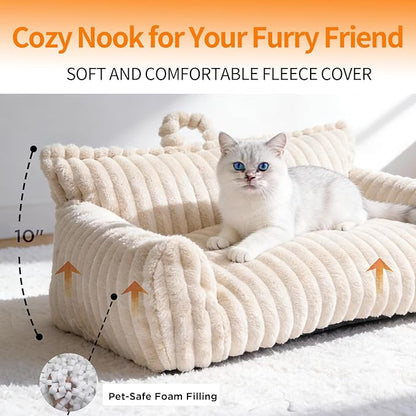 Luxury Plush Cat Couch Bed for Pets with Removable Washable Cover,Supportive Cat Sofa for Indoor Cats & Small Dogs,Plush Pet Couch with Handles (Beige, 24"x18"x10")