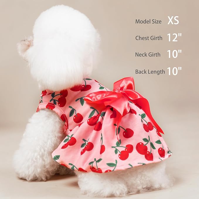 PUPTECK Print Dog Dress Pet Apparel with Cute Bowtie Puppy Clothes Outfit, Cherry, XS