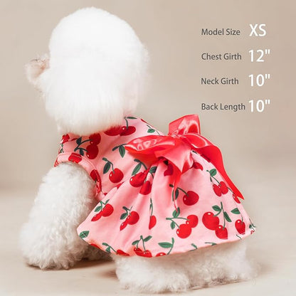 PUPTECK Print Dog Dress Pet Apparel with Cute Bowtie Puppy Clothes Outfit, Cherry, XS