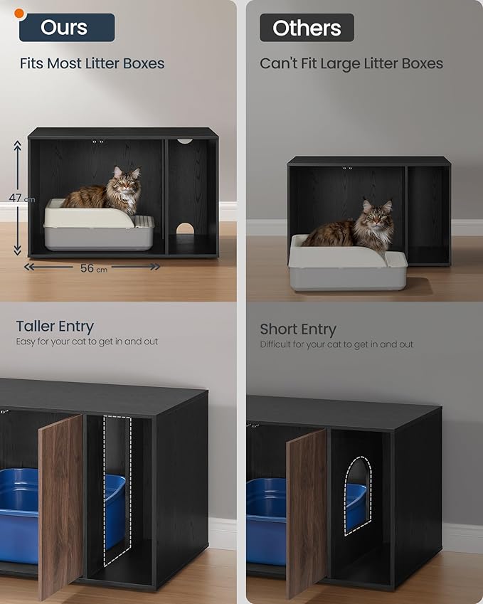 SONGMICS HOME Cat Litter Box Enclosure, Superfast Toolless Assembly, Litter Box Furniture for Large Cats, Display Side Table, Push-to-Open Doors, Ebony Black and Somber Walnut UPCL013BE01S